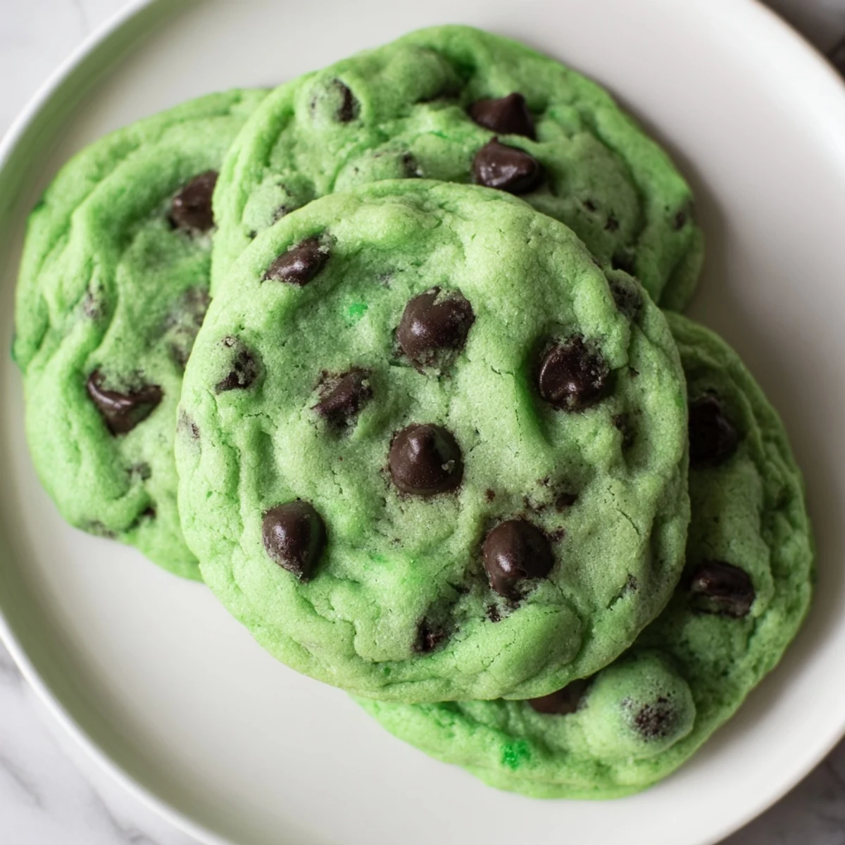 Freshly baked Green Mint Chocolate Chip Cookies with gooey chocolate pools on a cooling rack.