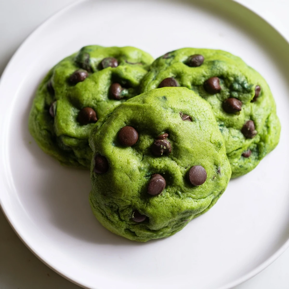Homemade Green Mint Chocolate Chip Cookies on a baking sheet with parchment paper and fresh milk.