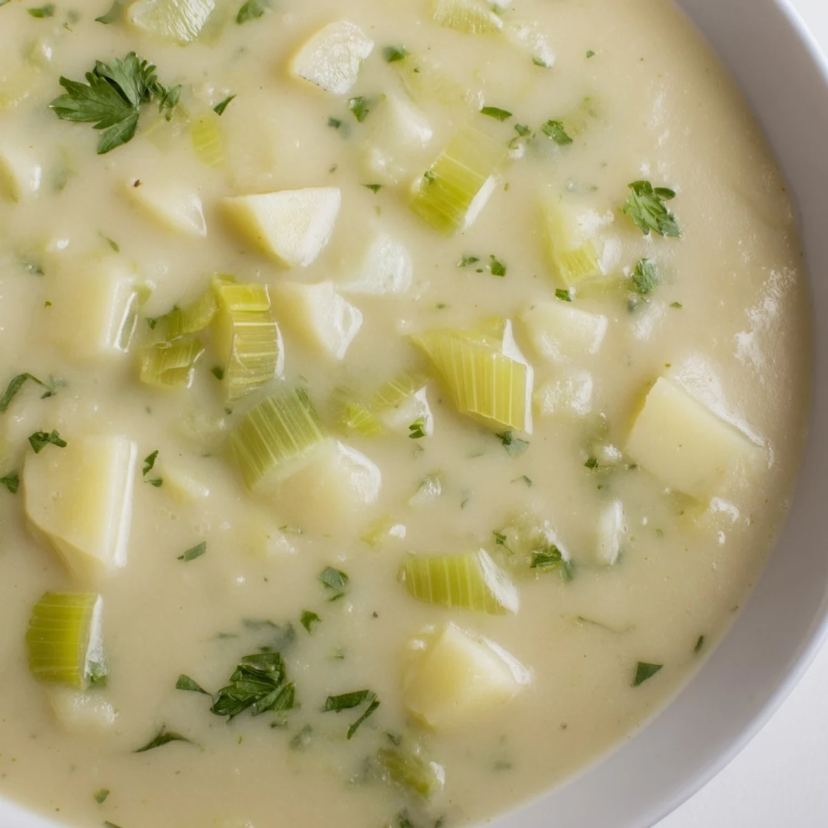 Creamy Irish Leek and Potato Soup garnished with fresh parsley in a rustic bowl.