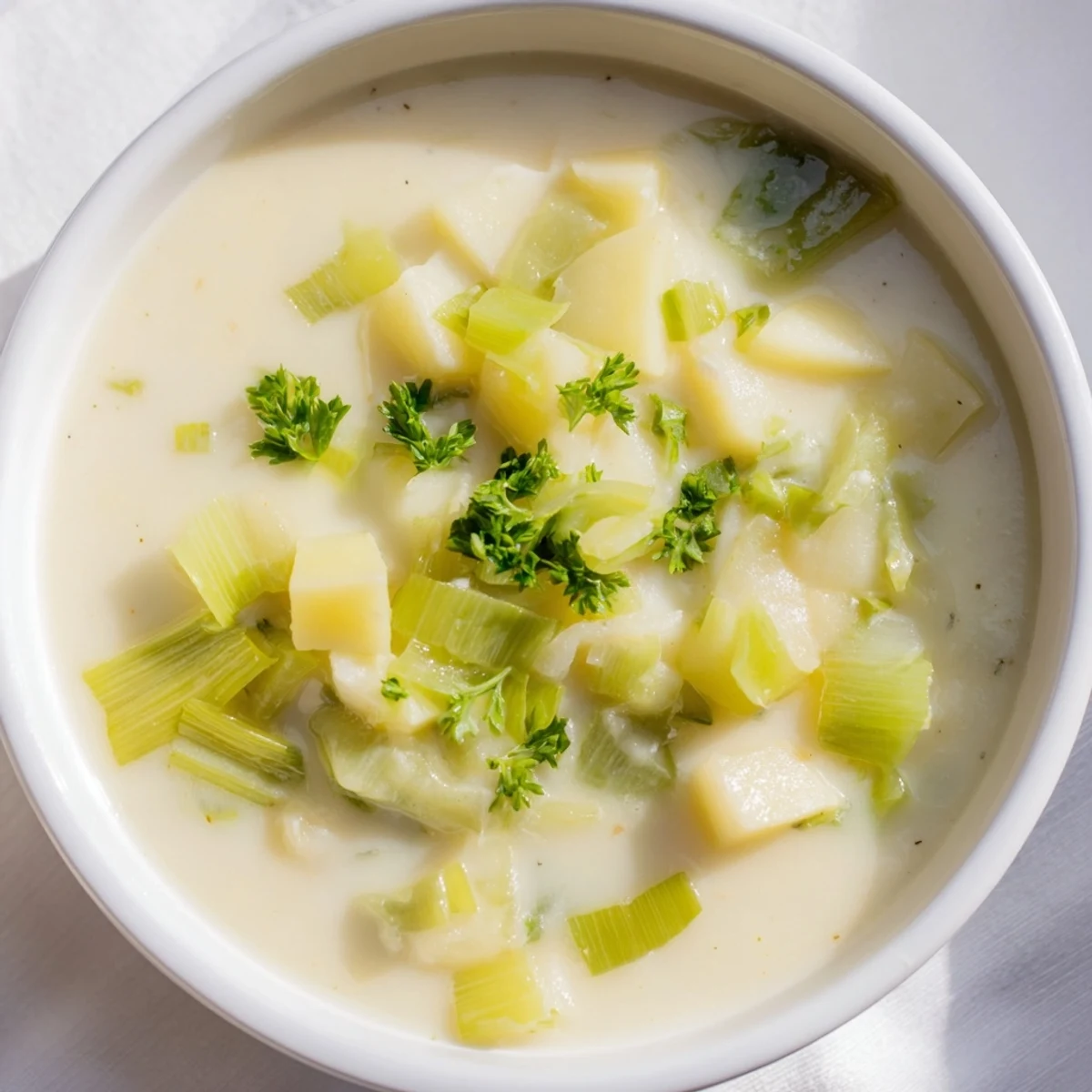 A comforting Irish Leek and Potato Soup served hot alongside crusty bread on a wooden table.