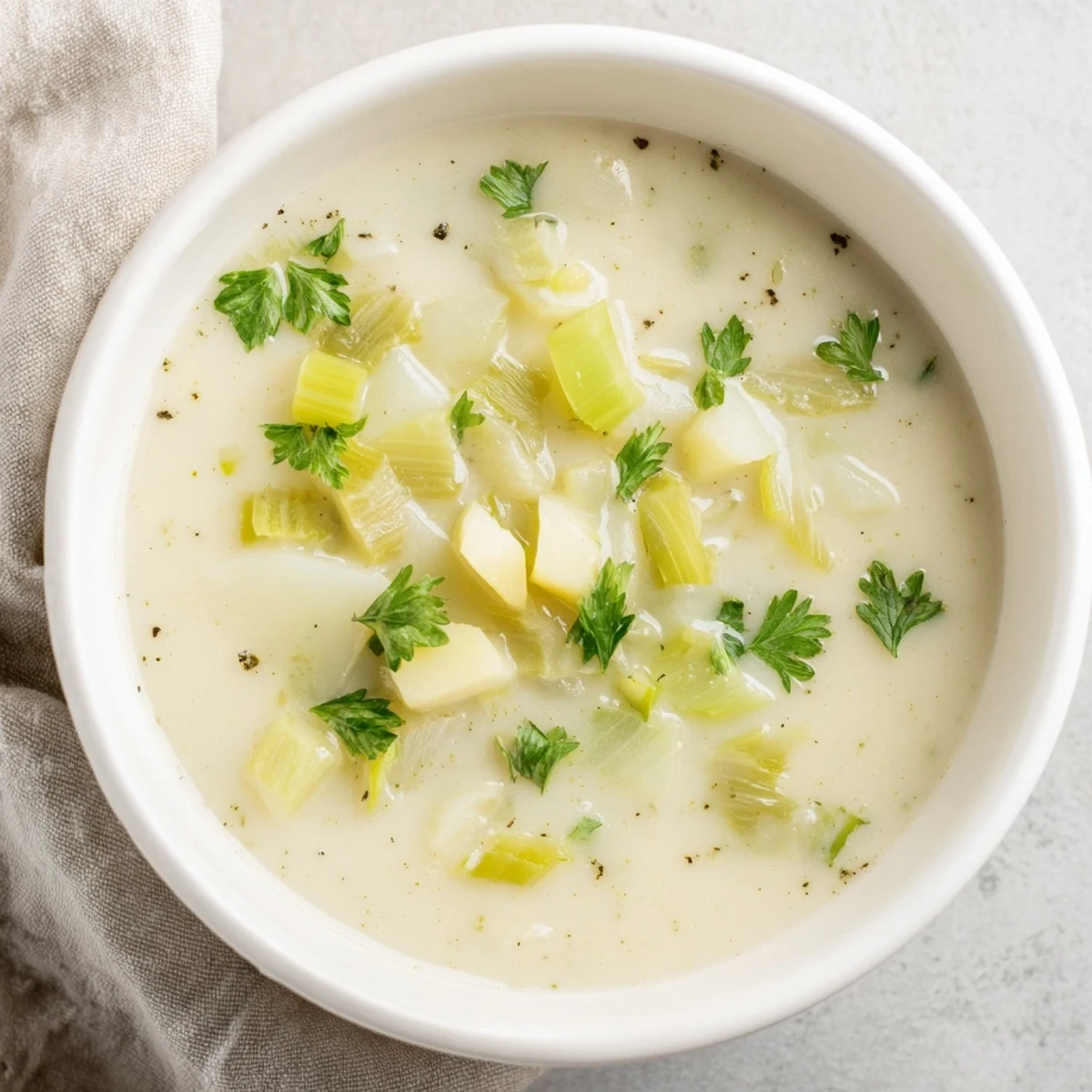 Velvety Irish Leek and Potato Soup pureed smooth, steaming in a white ceramic bowl, ready to serve.