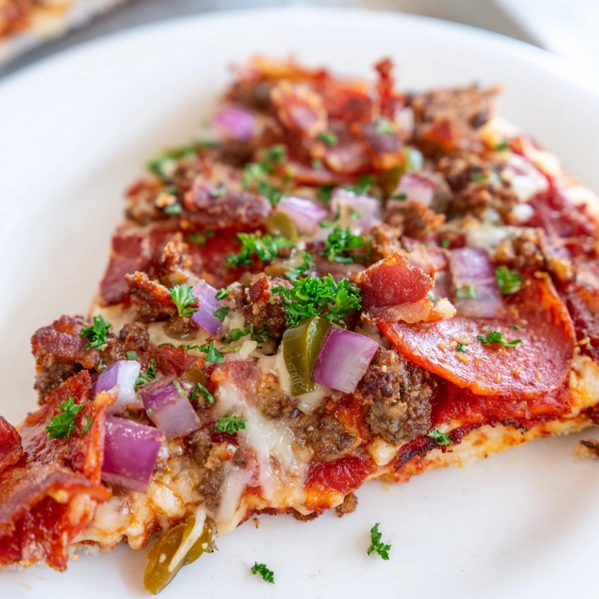 A close-up of the MVP Meat Lover Pizza with beef toppings, golden cheese bubbling over pepperoni and sausage on a wooden board.