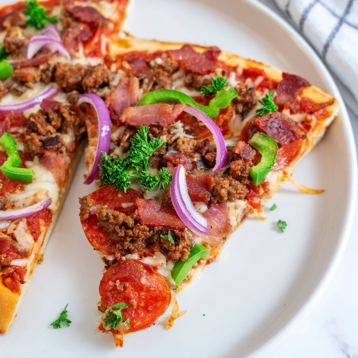 Freshly baked MVP Meat Lover Pizza with beef toppings is sliced and served on a dark plate, steam rising from melted cheese.