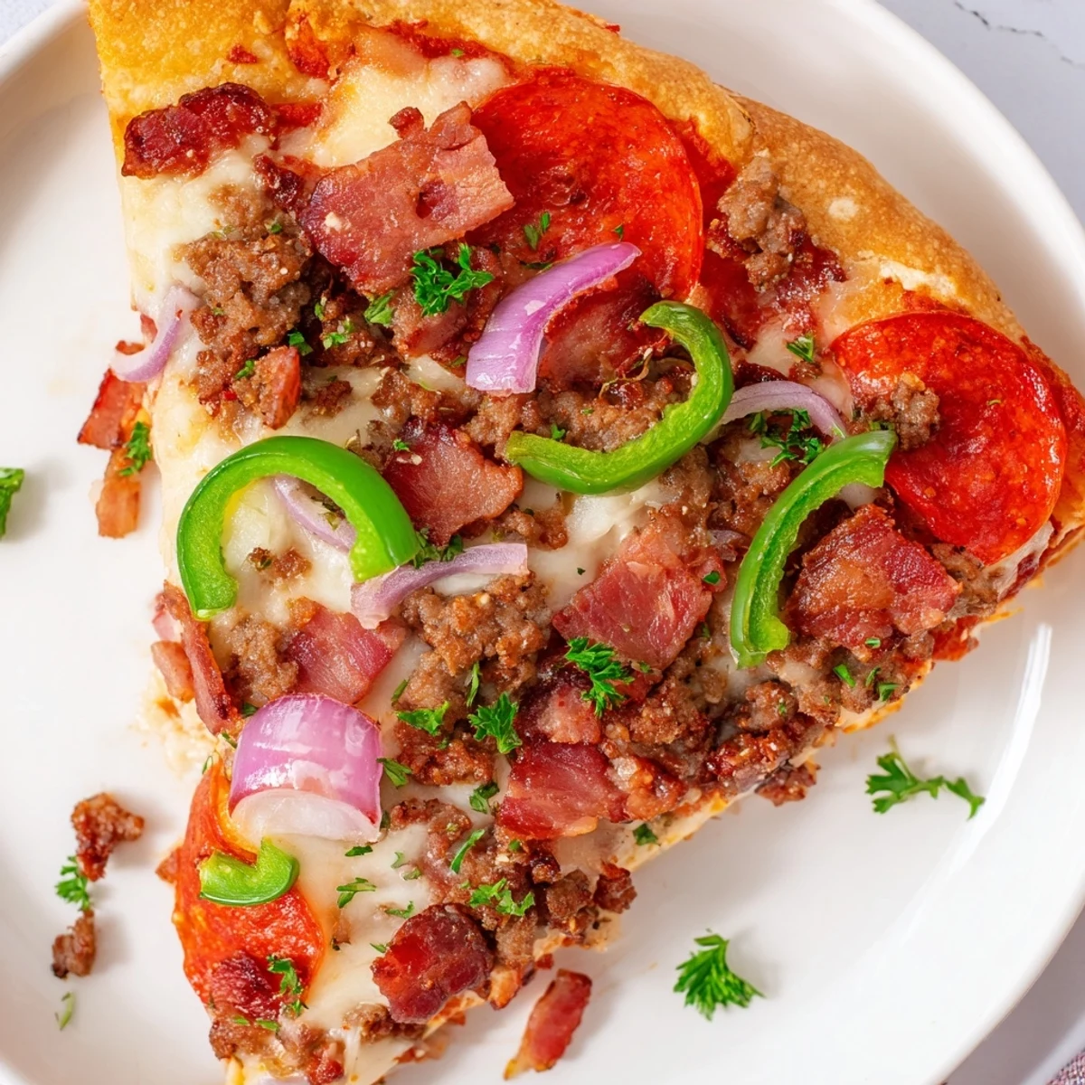 The MVP Meat Lover Pizza with beef toppings rests on a marble counter, garnished with fresh parsley and red onion slices.