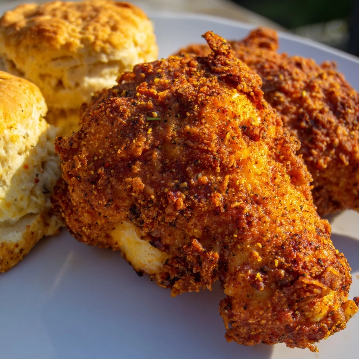Golden-brown Cajun fried chicken thighs rest beside fluffy buttermilk biscuits on a rustic platter.