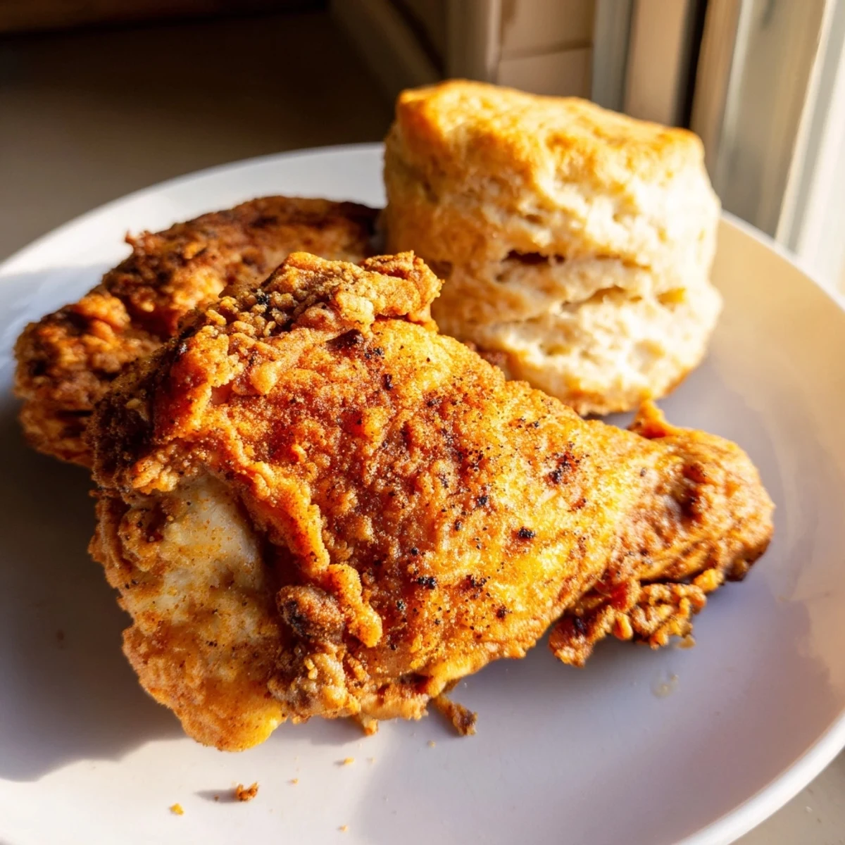 Freshly baked biscuits and golden-brown Cajun fried chicken arranged on a white serving plate.