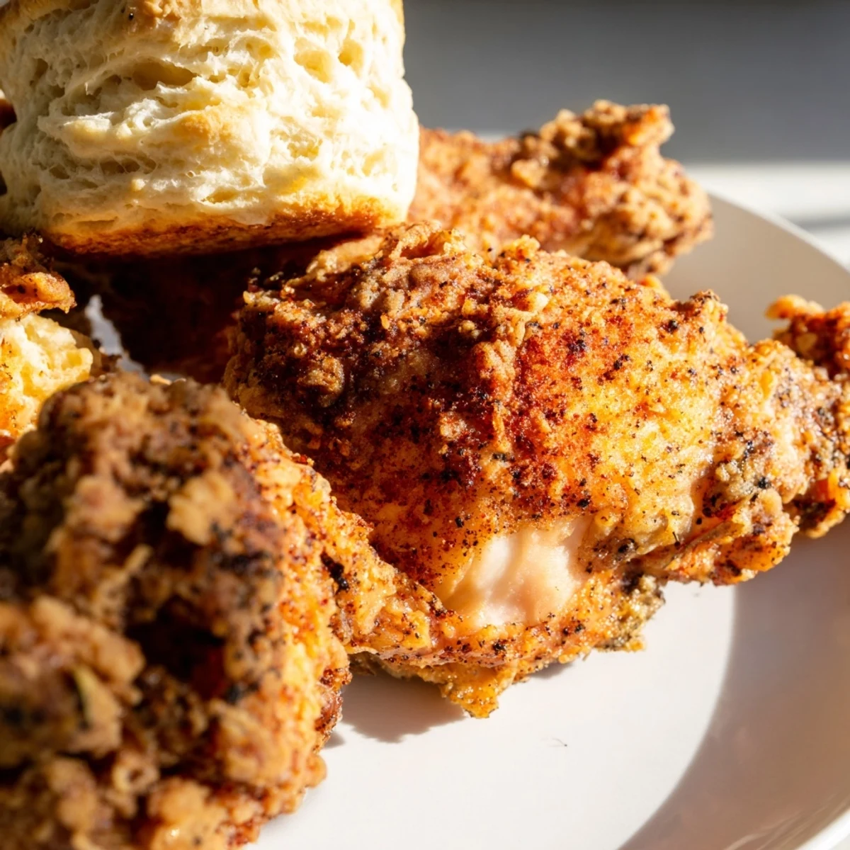 Crispy, spicy Cajun fried chicken and tender, golden biscuits served warm on a wooden board.