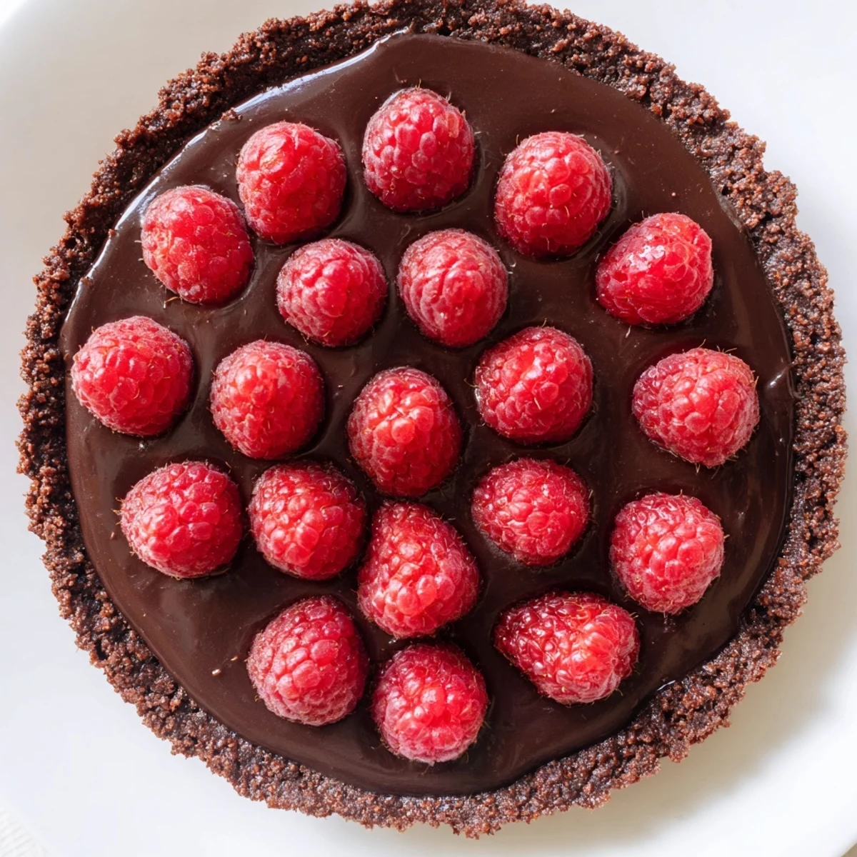 Chocolate Raspberry Tart with Ganache on a dessert plate, garnished with raspberry jam glaze, ready for a special occasion.