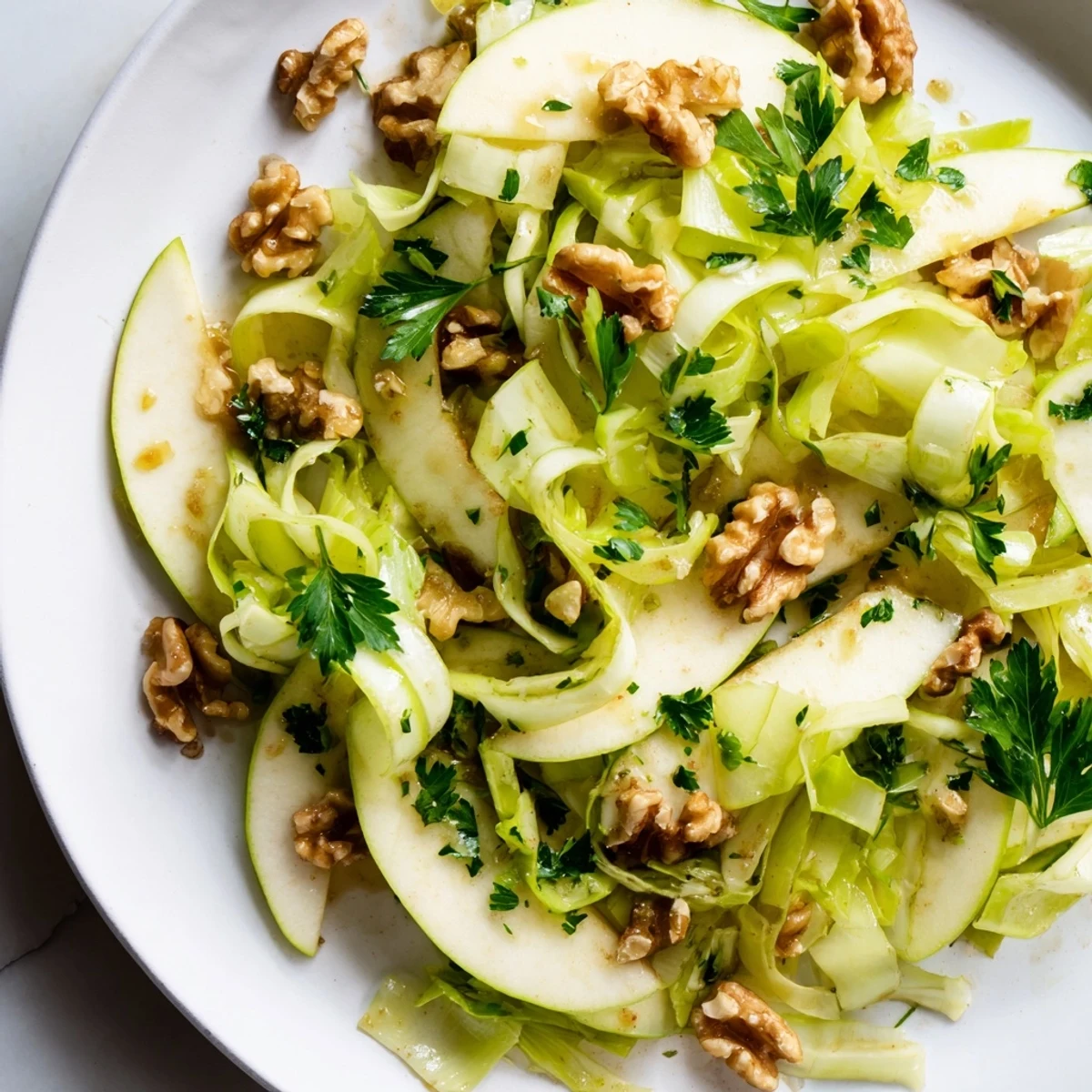 A crisp, vibrant serving of Green Apple and Celery Salad with Walnuts garnished with fresh parsley on a white plate.