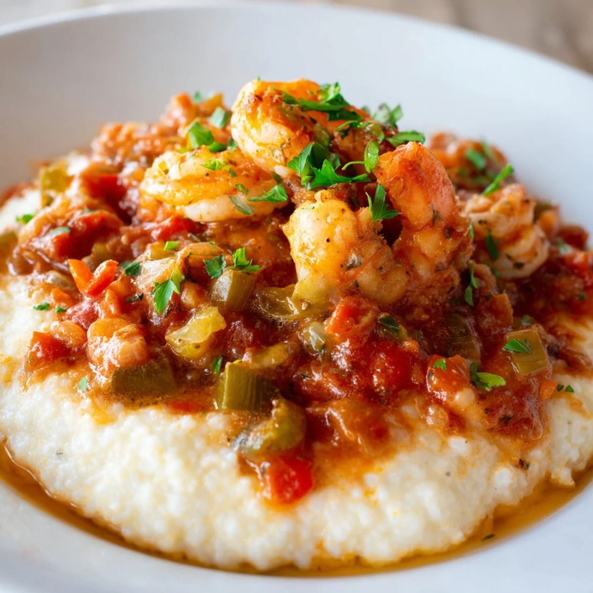 Close-up of golden, bubbling Creole Shrimp and Grits with Cheese served in a rustic bowl, featuring plump shrimp and fresh parsley garnish.