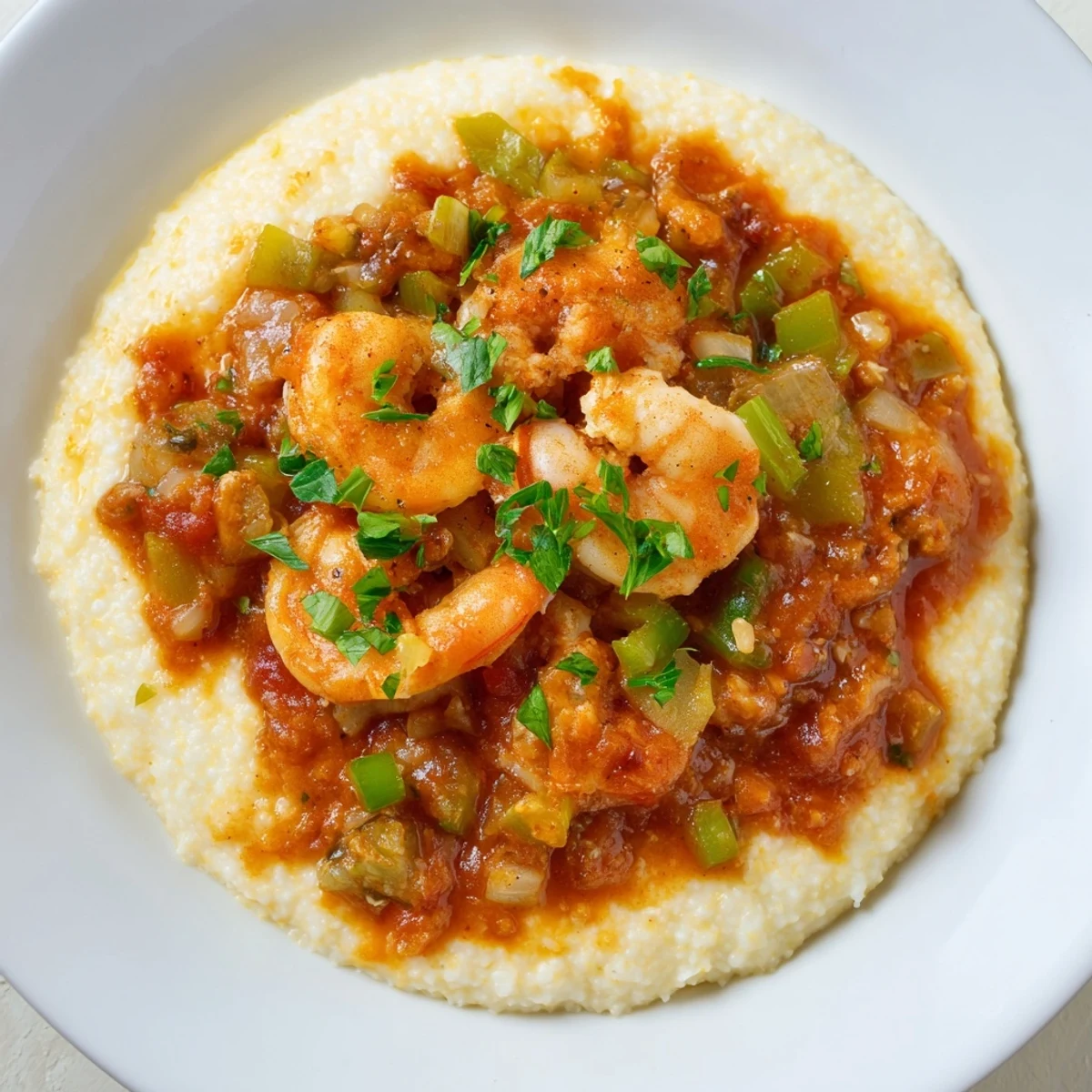 Steaming Creole Shrimp and Grits with Cheese topped with spicy tomato sauce, ready to be enjoyed with a fork and glass of white wine.