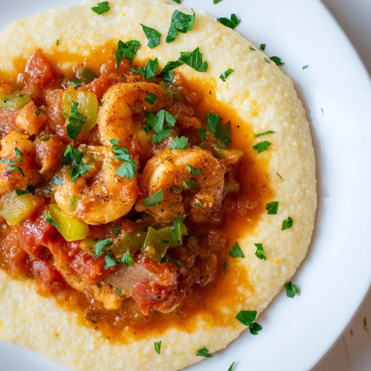 Southern-style Creole Shrimp and Grits with Cheese in a creamy cheddar sauce, served hot in a ceramic bowl on a wooden table.