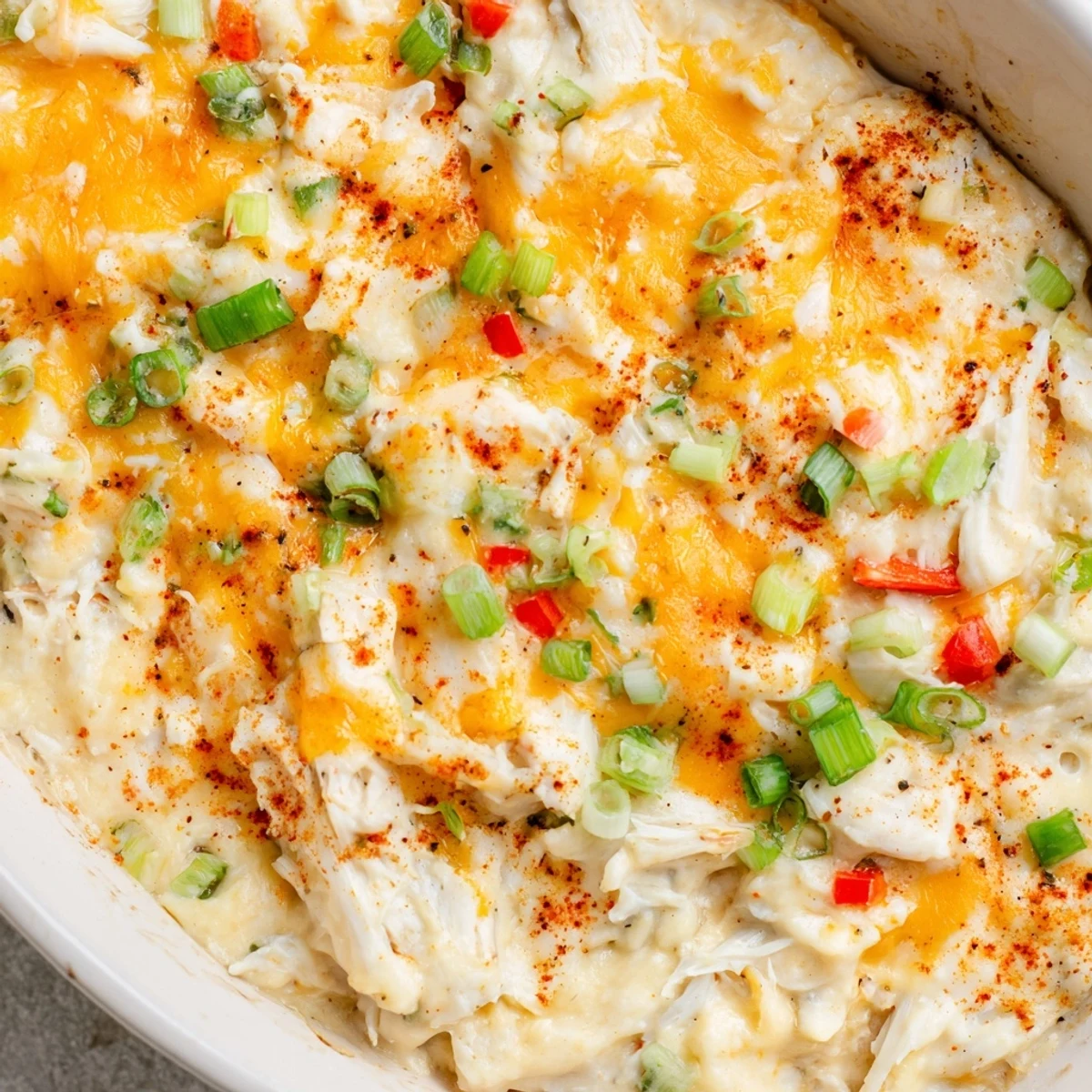 Creamy Mardi Gras Crab Dip with Crackers bubbling golden-brown from the oven, garnished with fresh green onions.