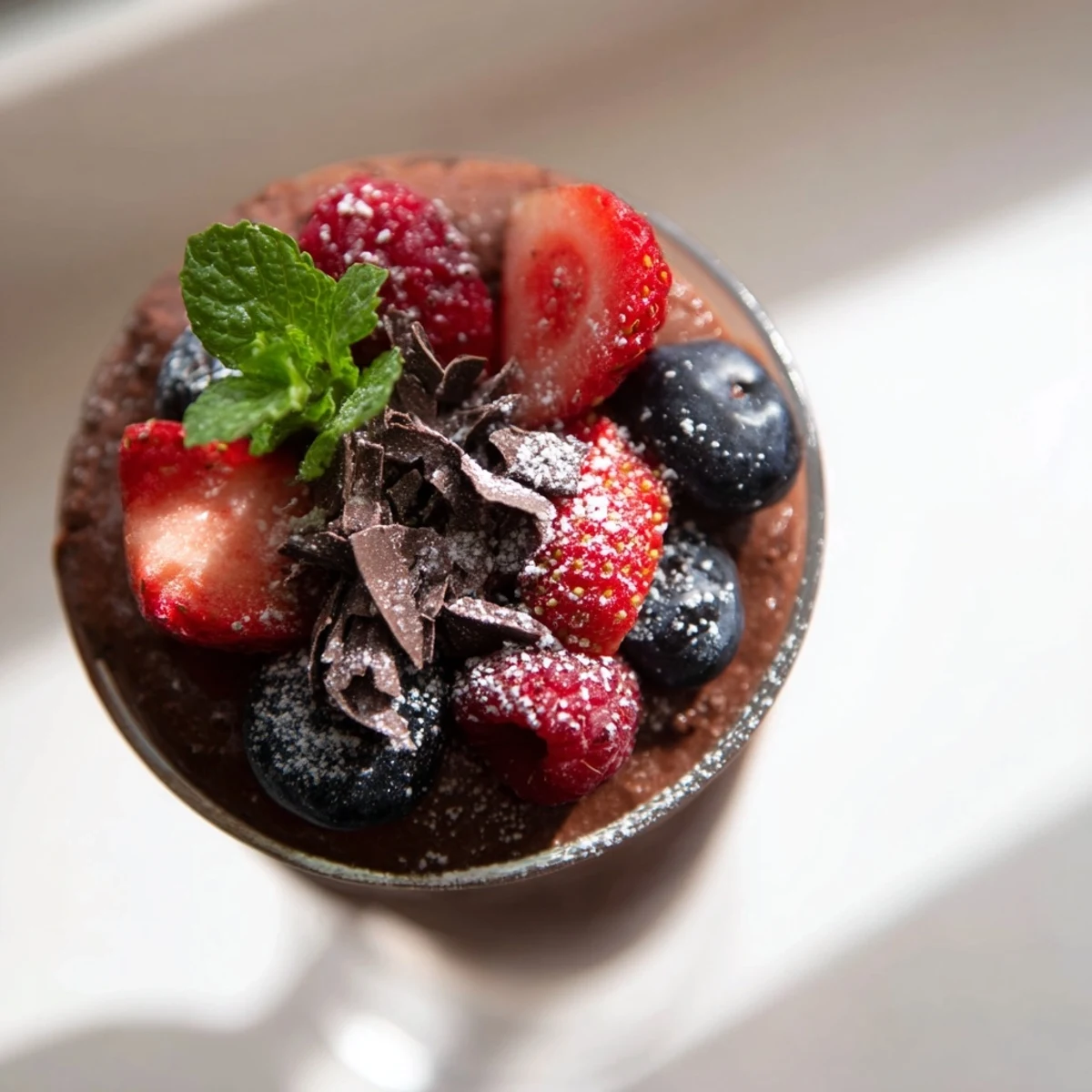 Close-up of Valentine Chocolate Mousse with Berries in a glass, topped with glossy chocolate shavings and fresh mint.