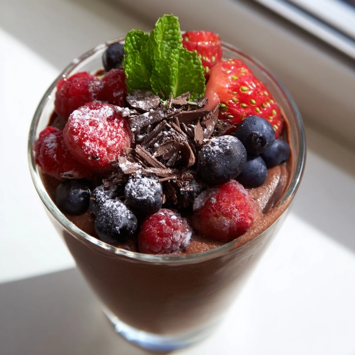 Four elegant glasses of Valentine Chocolate Mousse with Berries, garnished with ripe strawberries, blueberries, and a dusting of sugar.