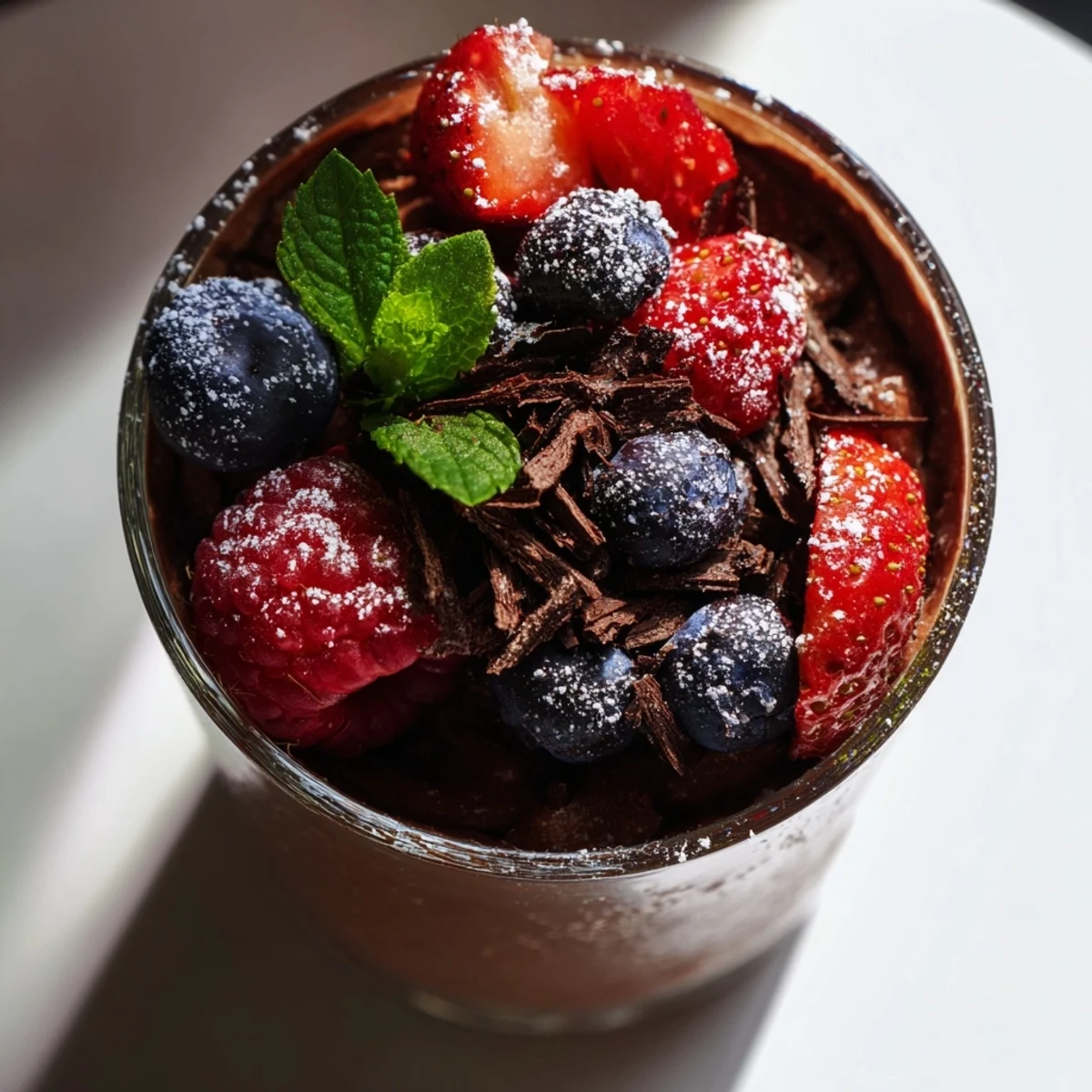 Valentine Chocolate Mousse with Berries served on a marble table, ready for a romantic dinner dessert.