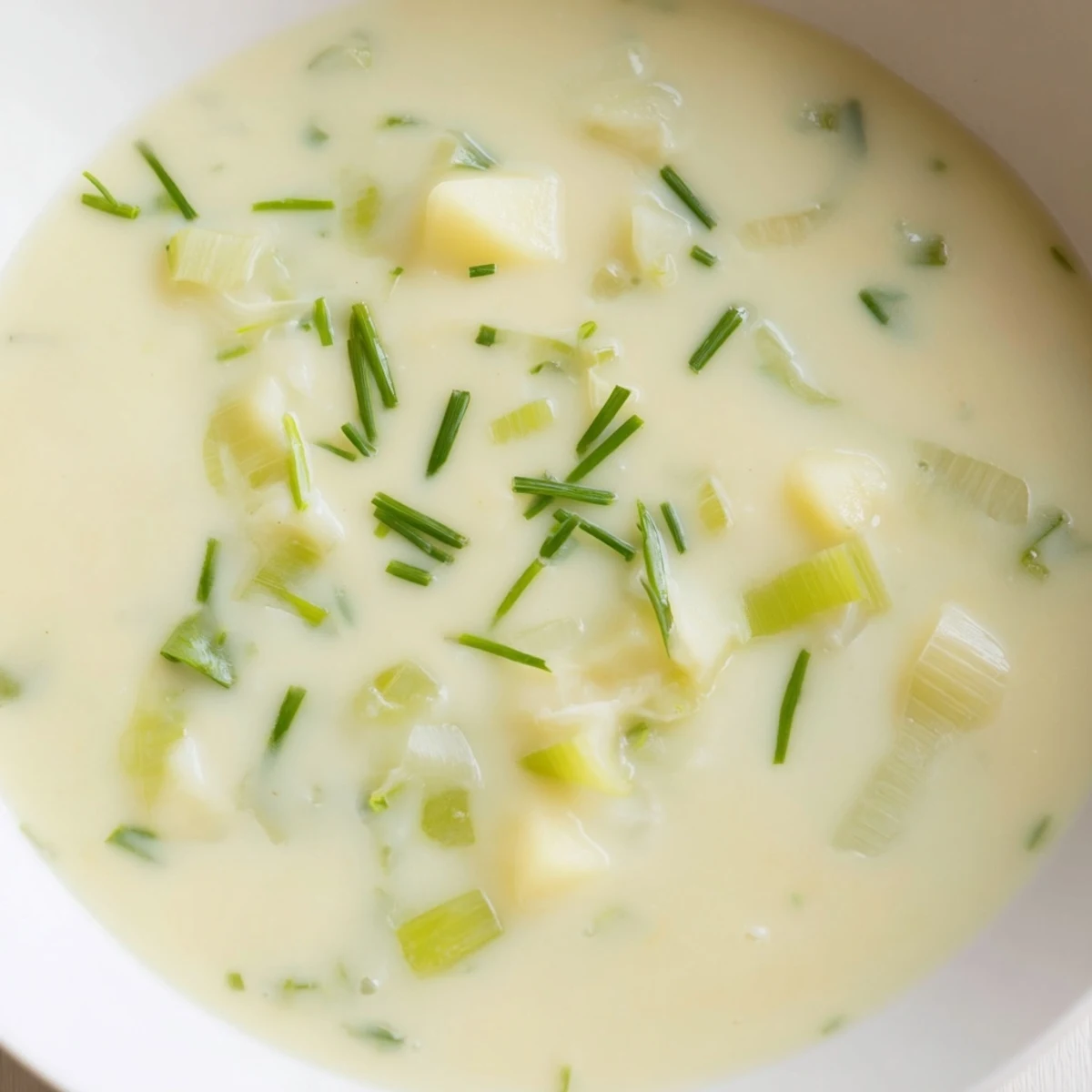 Hearty bowl of Irish Leek and Potato Soup with swirls of rich cream and parsley garnish.