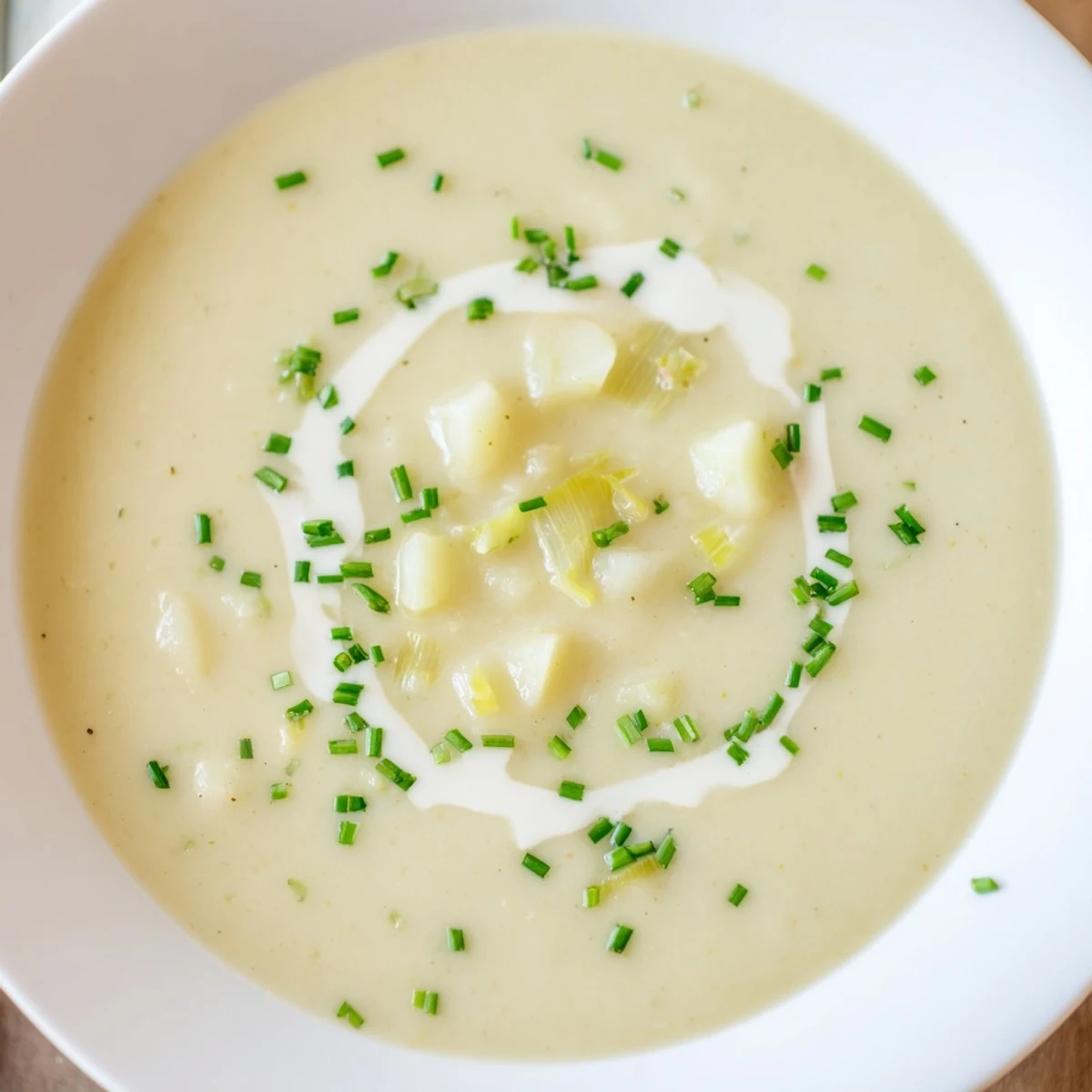 Creamy Irish Leek and Potato Soup with garnish of fresh chives, served steaming in a rustic bowl.