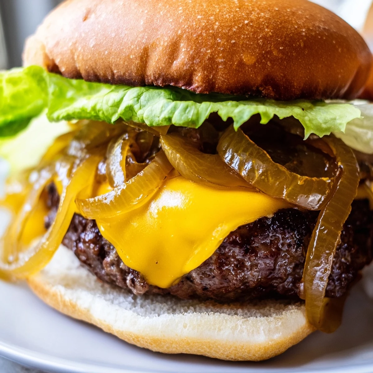 Golden caramelized onions melt over a juicy beef patty on a toasted bun, ready for classic burger toppings.