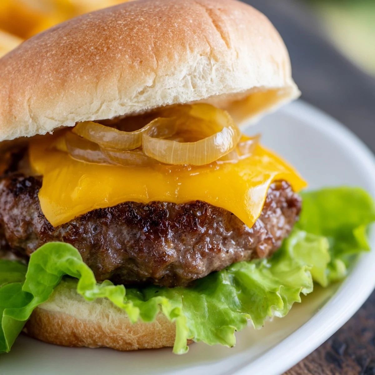 Classic Beef Burgers with Caramelized Onions sit beside fresh lettuce, tomato, and pickles on a checkered tablecloth.