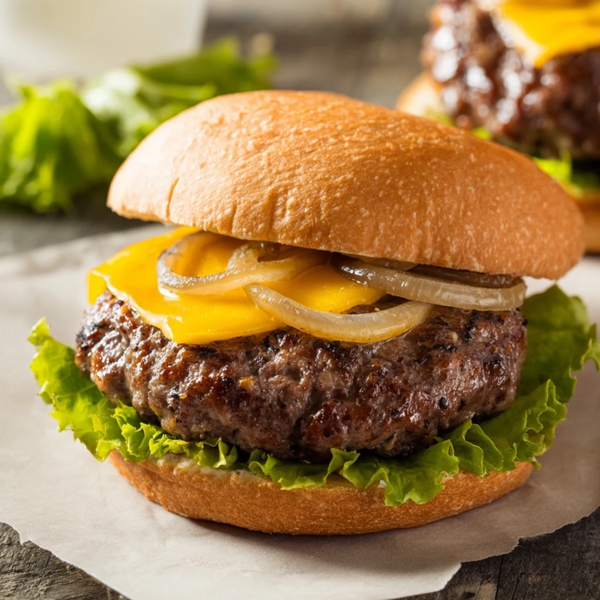 Homemade Classic Beef Burgers with Caramelized Onions feature melted cheddar and smoky grill marks on the buns.