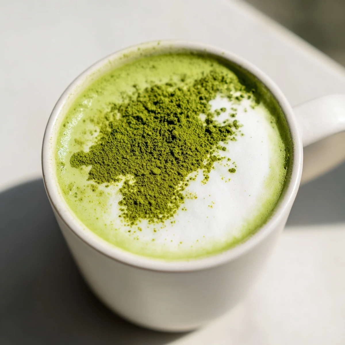 A vibrant Green Matcha Latte with Oat Milk, topped with frothy foam and a light dusting of matcha powder in a cozy mug.