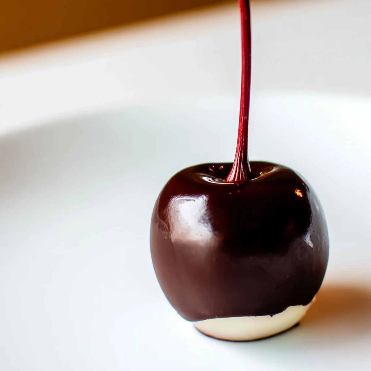 Chocolate Covered Cherries with Fondant Center showing a glossy dark chocolate shell on a stem, with a creamy white fondant layer peeking through the cut side.