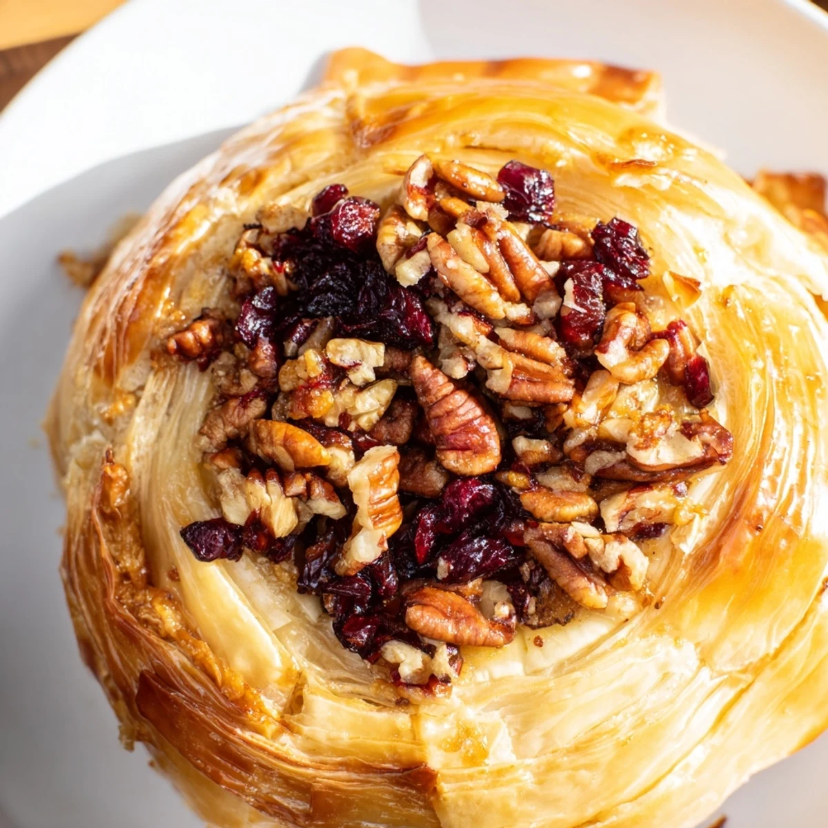 A golden baked Brie with cranberry and pecan topping sits on a rustic wooden board beside crackers and apple slices.