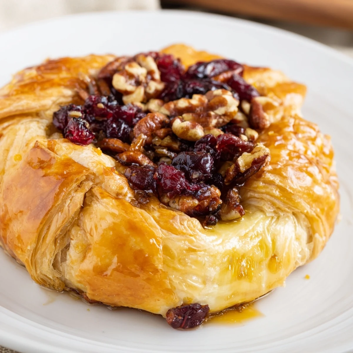 A close-up of baked Brie with cranberry and pecan topping, with gooey cheese and golden pastry on a serving platter.