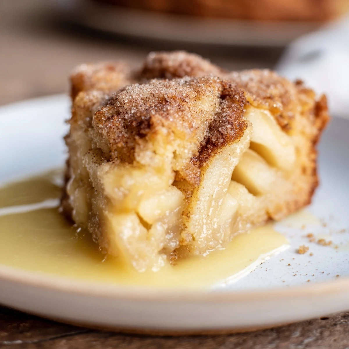 A slice of Irish Apple Cake with warm vanilla custard drizzled over the moist, spiced apple layers.
