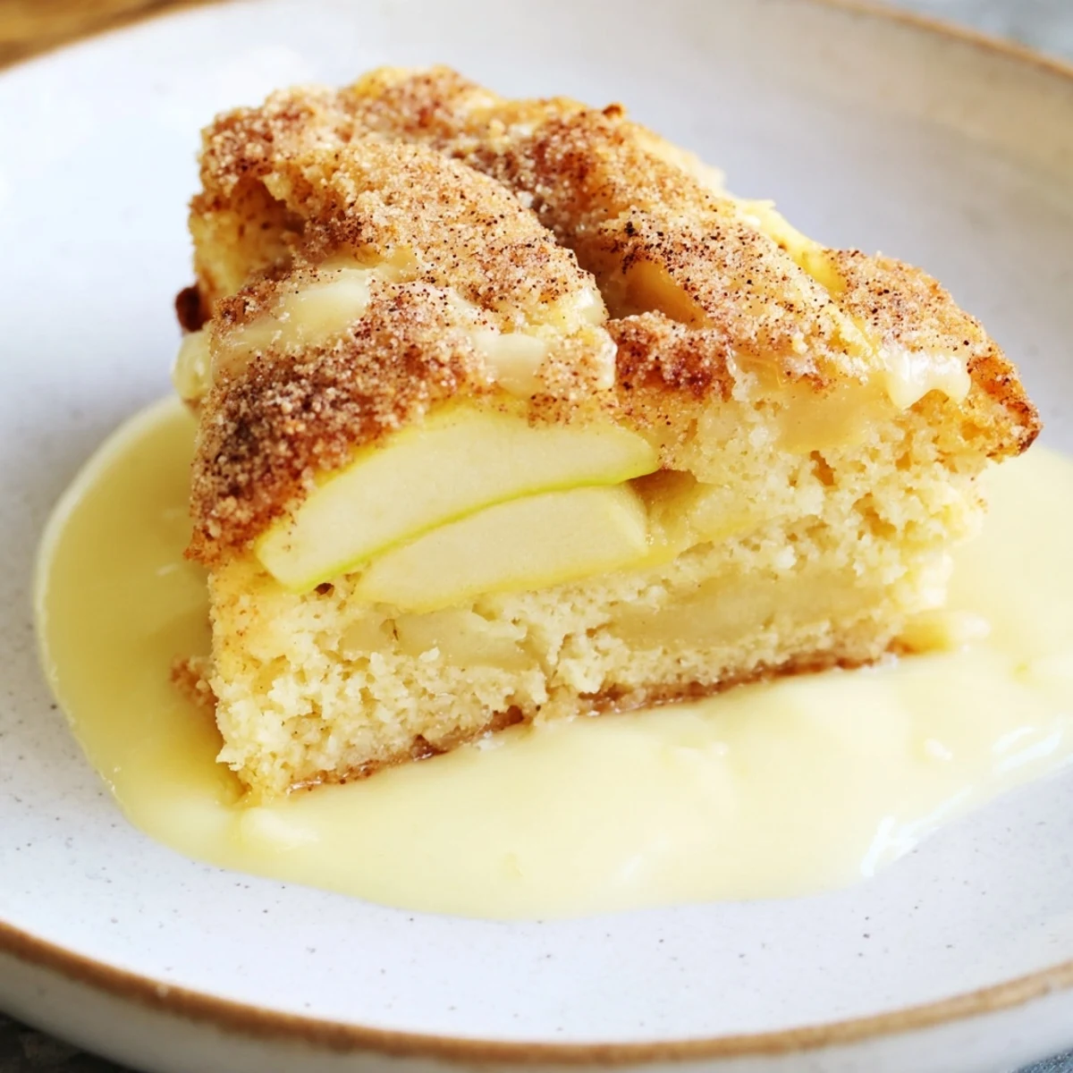 Irish Apple Cake with Warm Vanilla Custard sits beside a bowl of rich, velvety custard sauce.