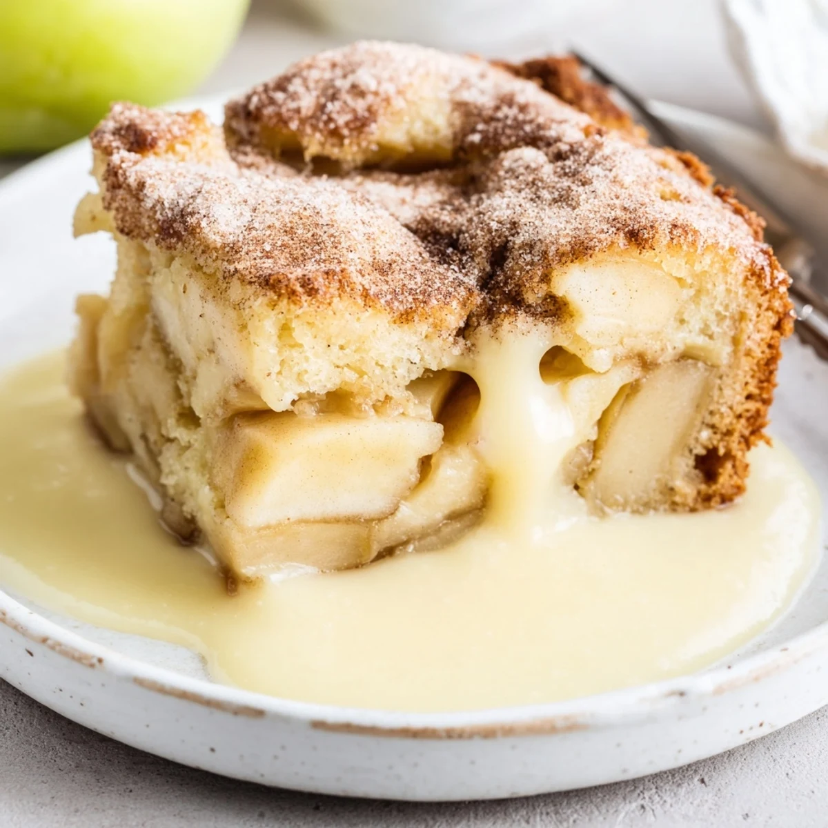 Freshly baked Irish Apple Cake with Warm Vanilla Custard features tender apple slices and a cinnamon topping.