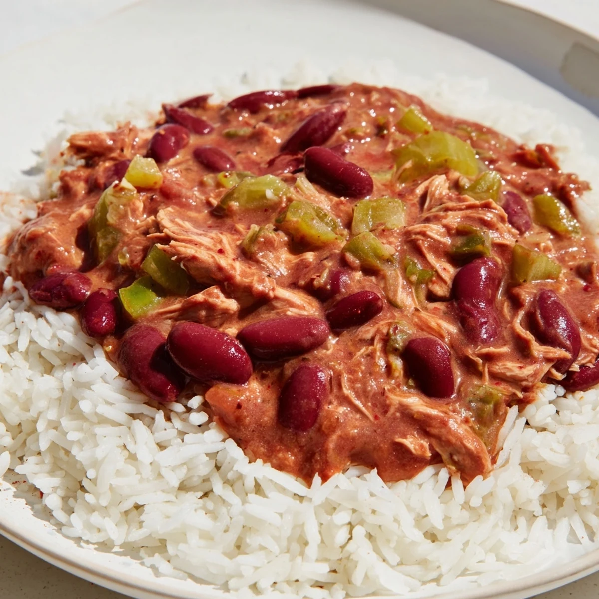 Creamy Creole Red Beans and Rice with Smoked Turkey simmering with aromatic vegetables in a Dutch oven.