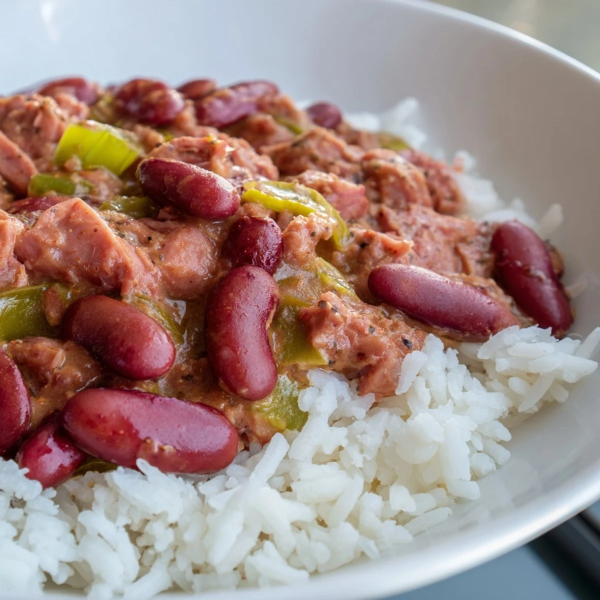 A warm bowl of Creole Red Beans and Rice with Smoked Turkey, garnished with fresh green onions.