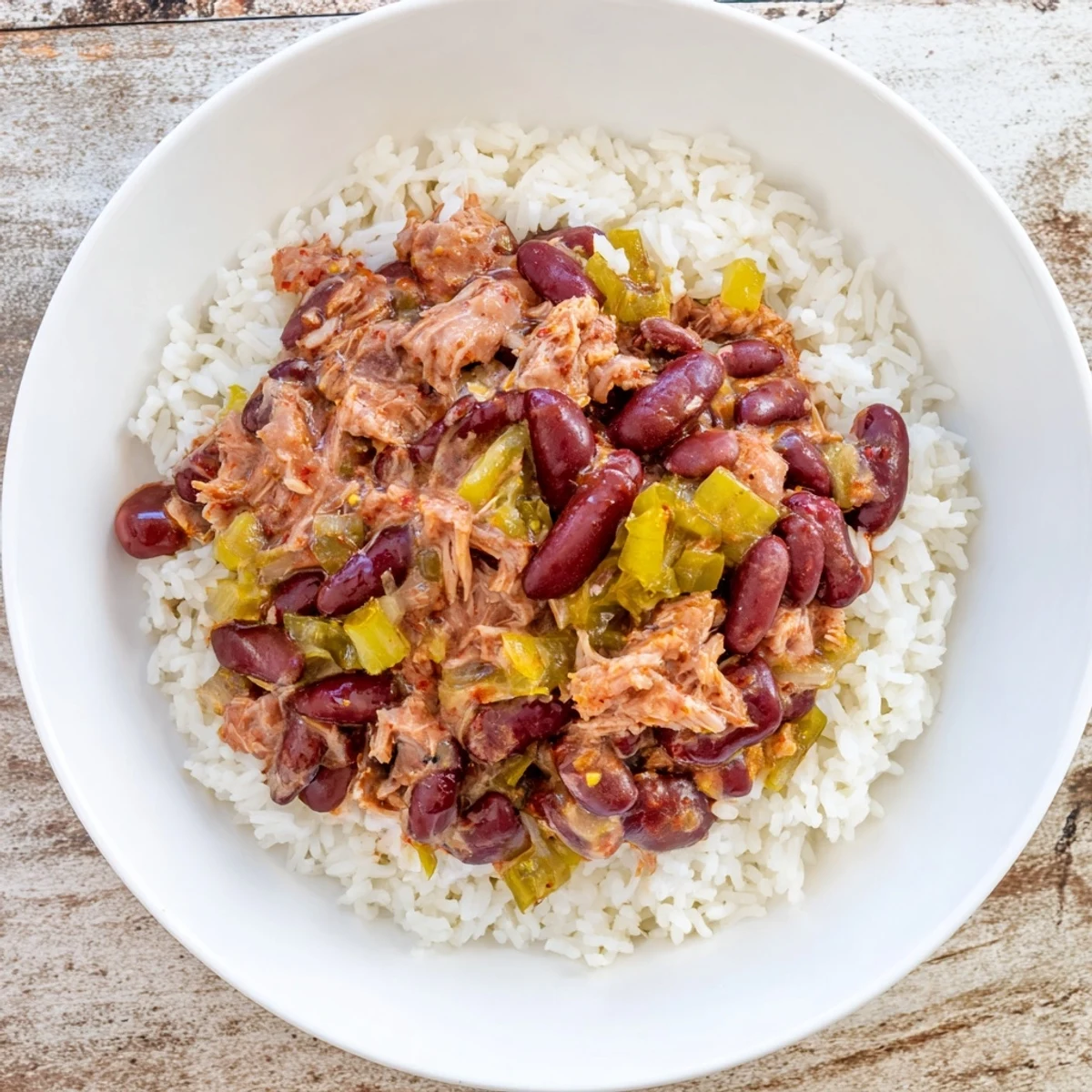 Heaping serving of Creole Red Beans and Rice with Smoked Turkey over fluffy white rice, drizzled with hot sauce.