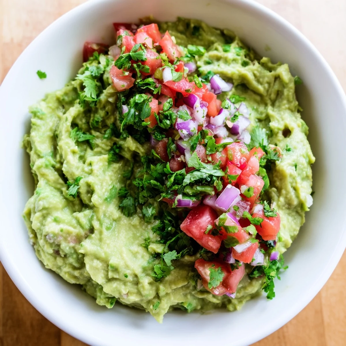 Creamy guacamole with fresh pico de gallo served with crunchy tortilla chips for dipping.