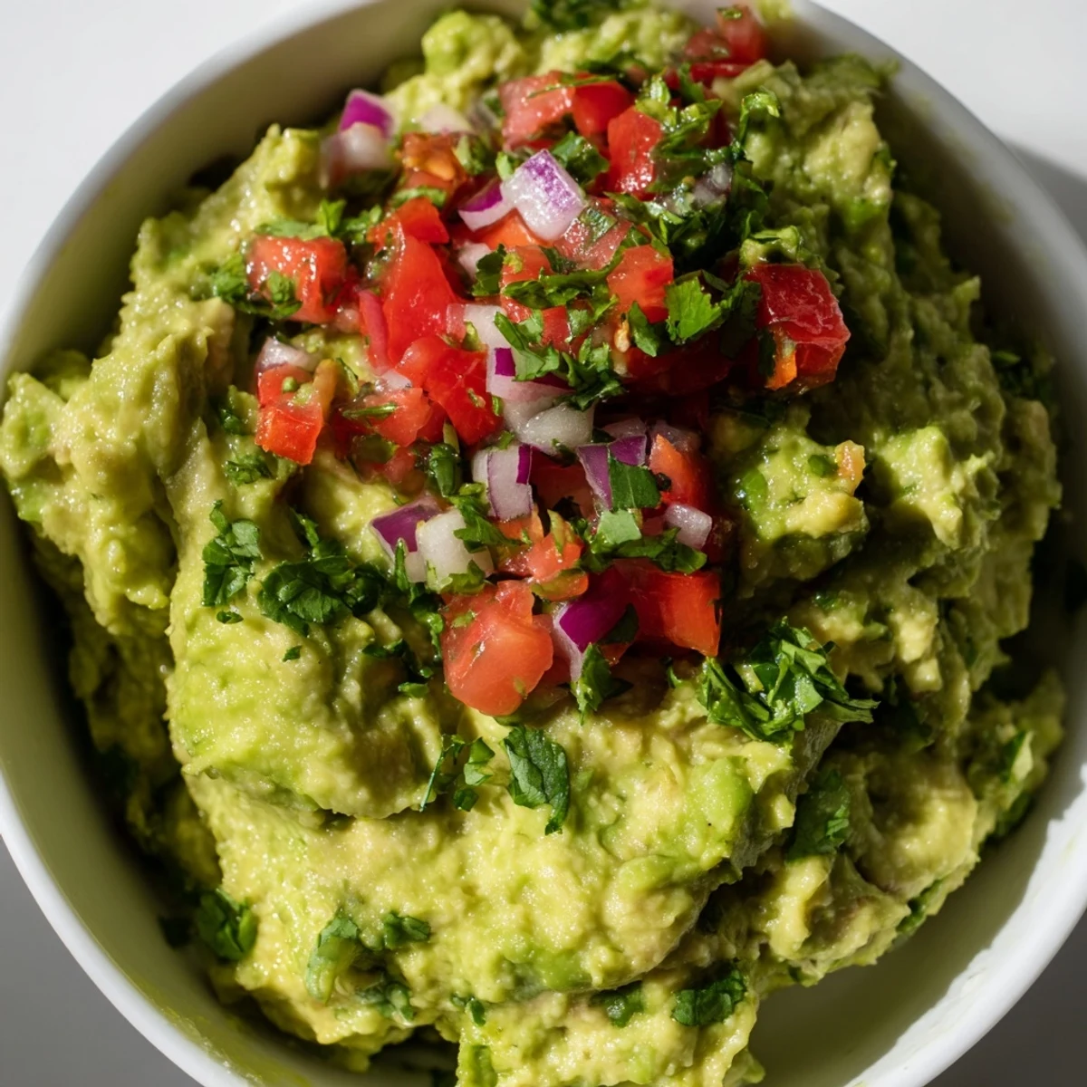Bright green guacamole topped with red tomato pico de gallo for a festive appetizer.
