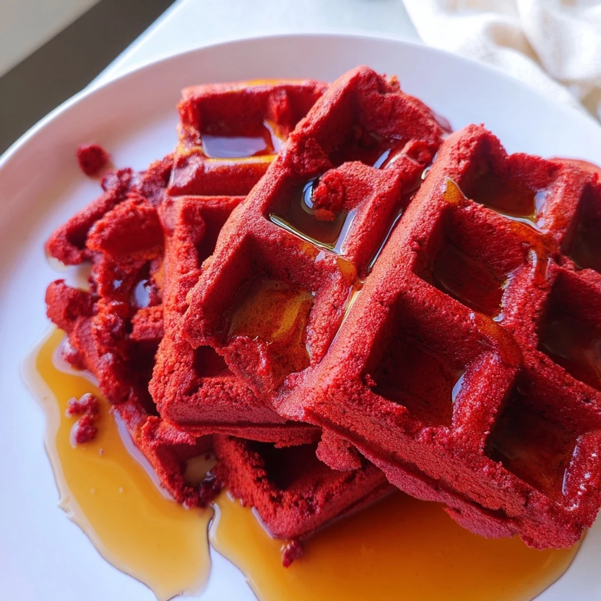A close-up of fluffy red velvet waffles with maple syrup drizzled over the top, ready to be served for breakfast.