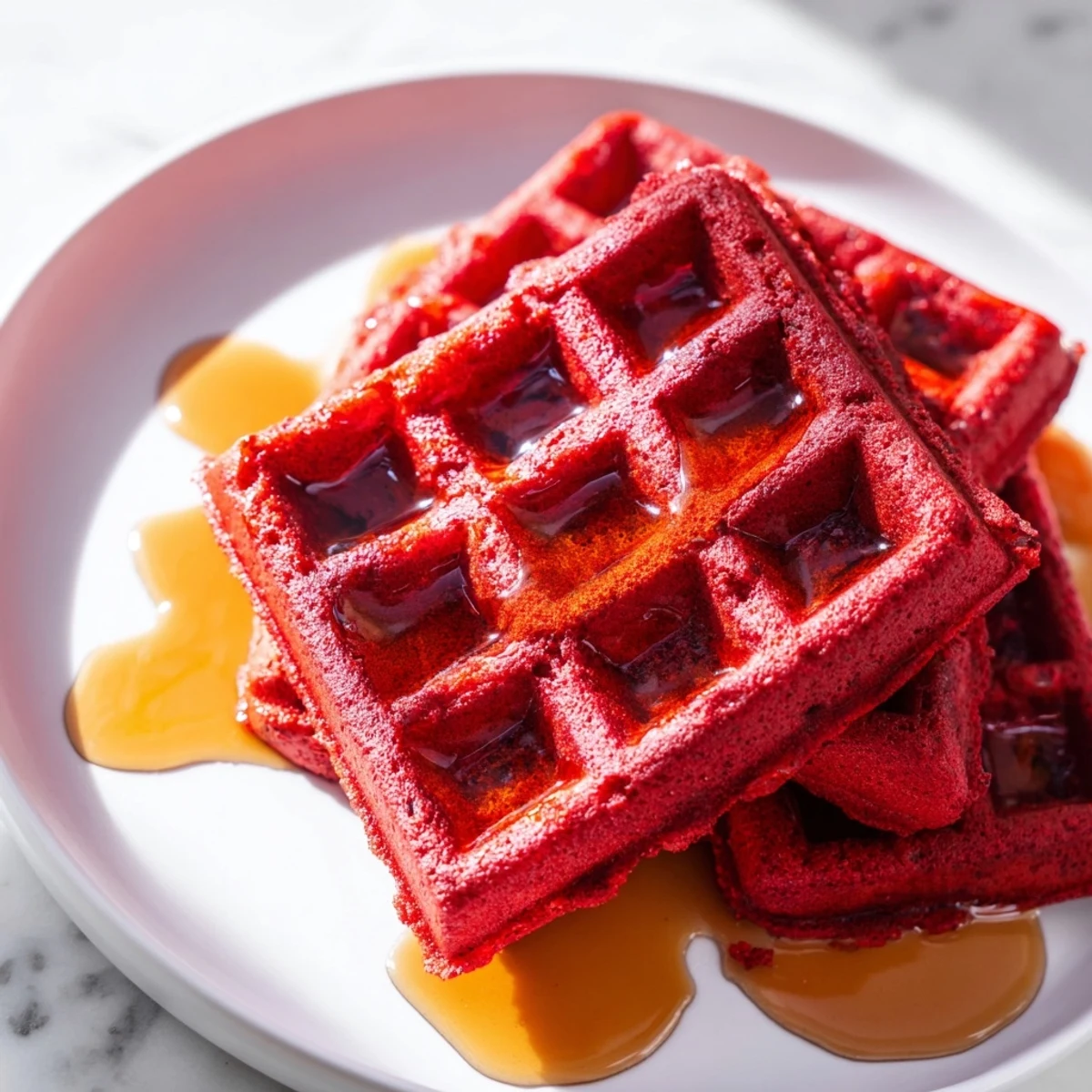 Golden-brown, vibrant red velvet waffles topped with a dollop of whipped cream and fresh berries on a rustic plate.