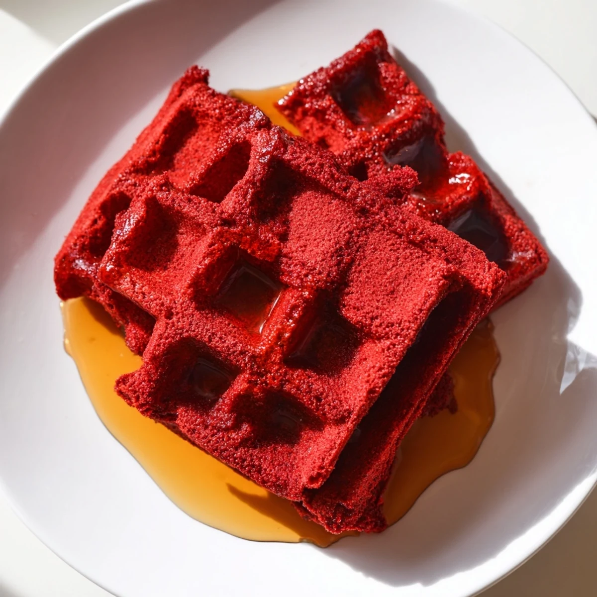 A stack of decadent red velvet waffles glistening with maple syrup, perfect for a special morning treat.