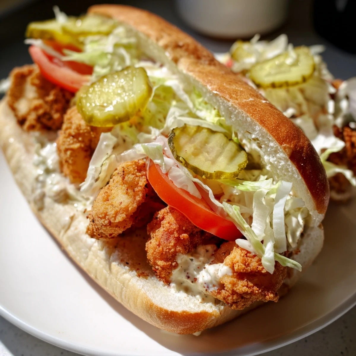Crispy fried shrimp nestled in a toasted baguette with shredded lettuce, pickles, tomatoes, and creamy remoulade sauce.