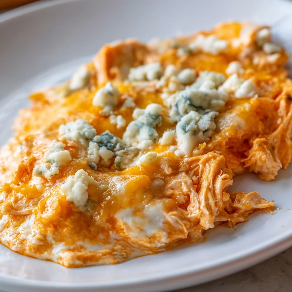 Close-up of a rich, tangy Spicy Buffalo Chicken Dip, featuring tender shredded chicken and a spicy red hue, alongside crunchy celery stick dippers.