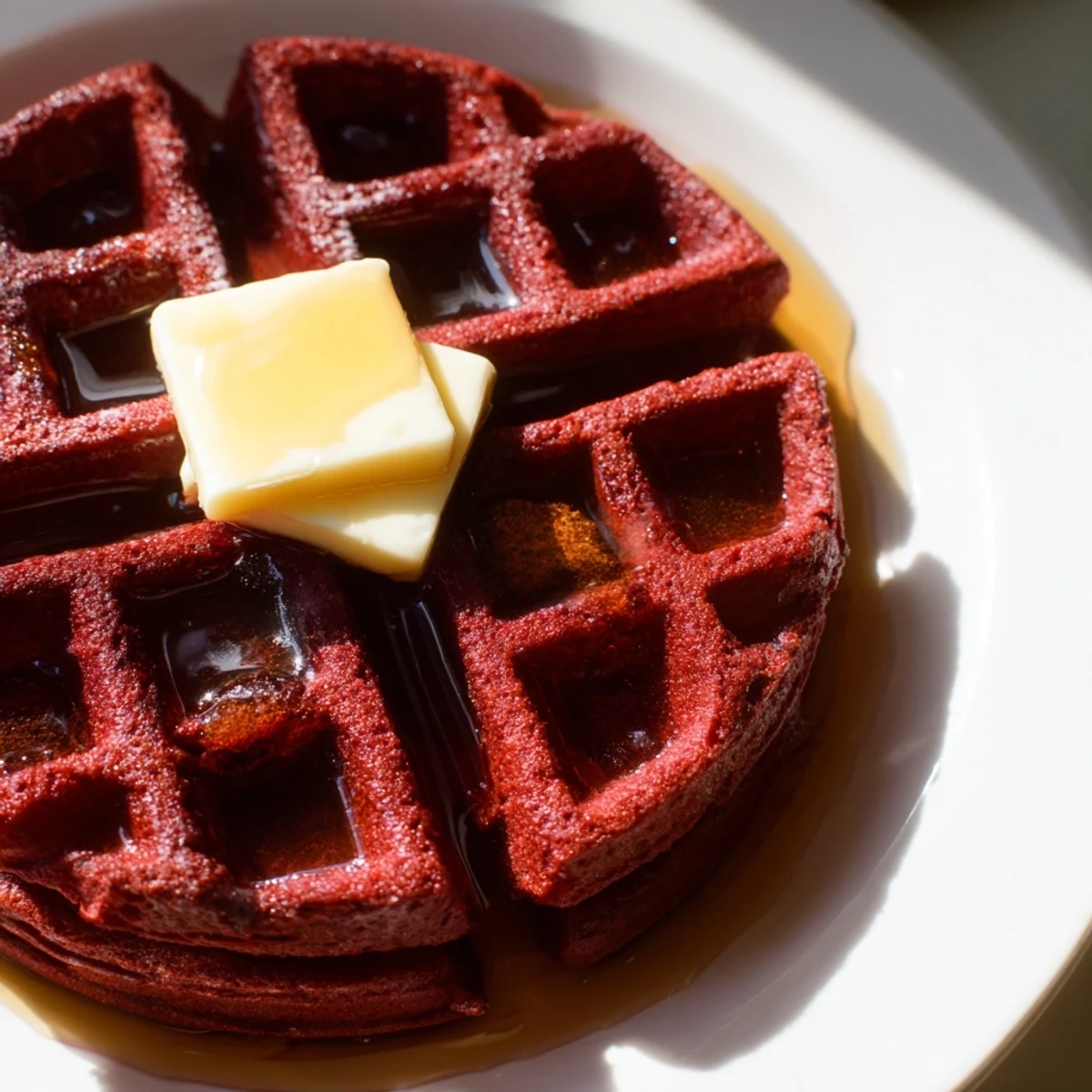 A vibrant stack of fluffy Red Velvet Waffles, topped with a pat of butter and sweet maple syrup for serving.  