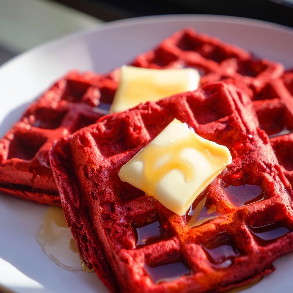 Golden-brown Red Velvet Waffles, featuring a rich cocoa flavor and a hint of vanilla, ready to be enjoyed.