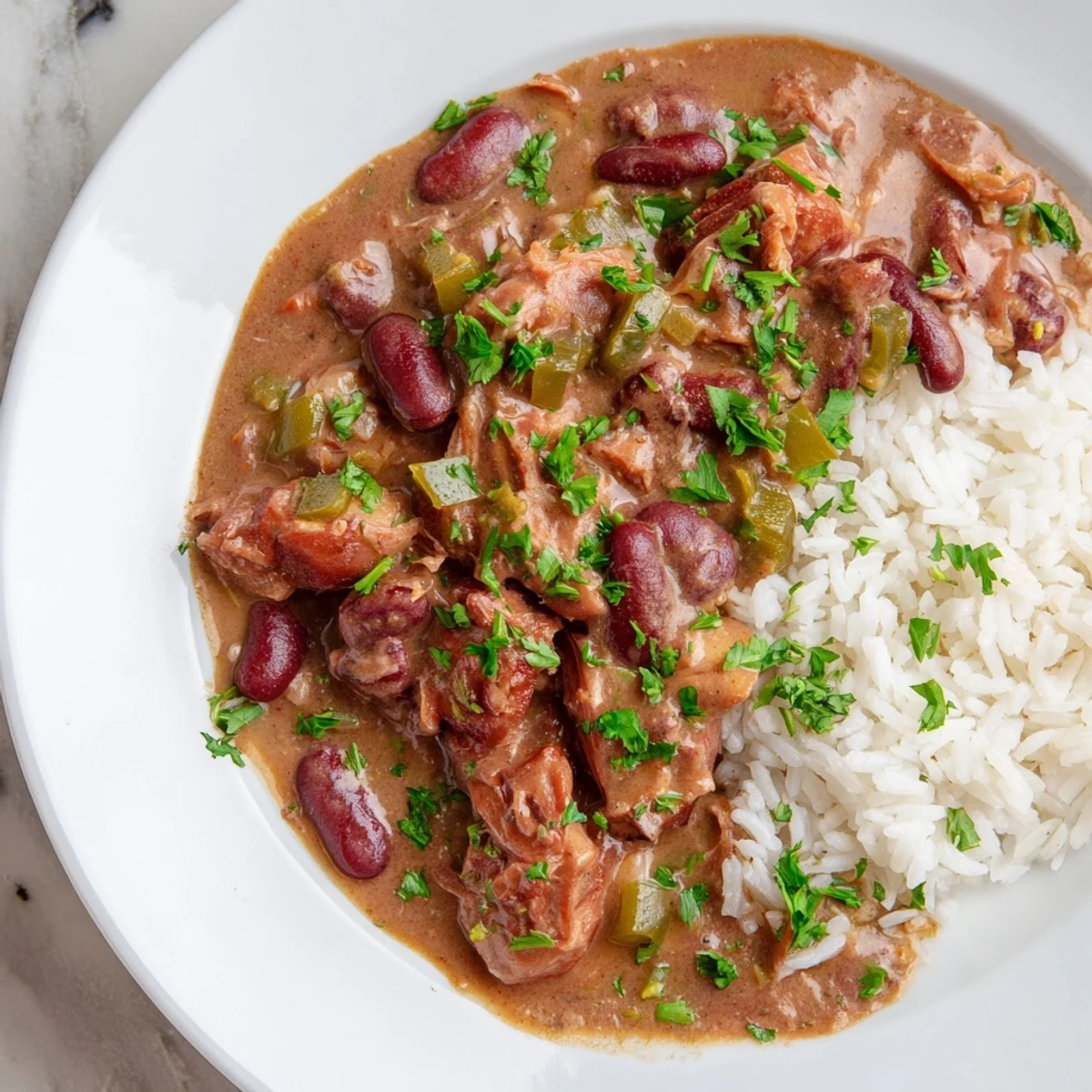A steaming bowl of Creole Red Beans and Rice with Smoked Turkey, served over fluffy white rice and garnished with fresh parsley.