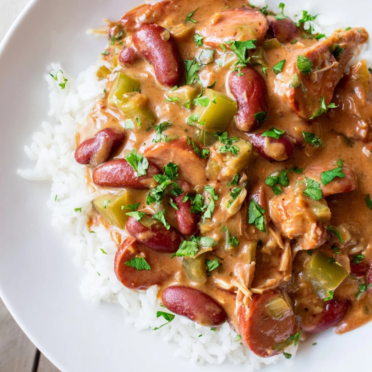 Creole Red Beans and Rice with Smoked Turkey in a rustic Dutch oven, featuring tender beans and aromatic vegetables.