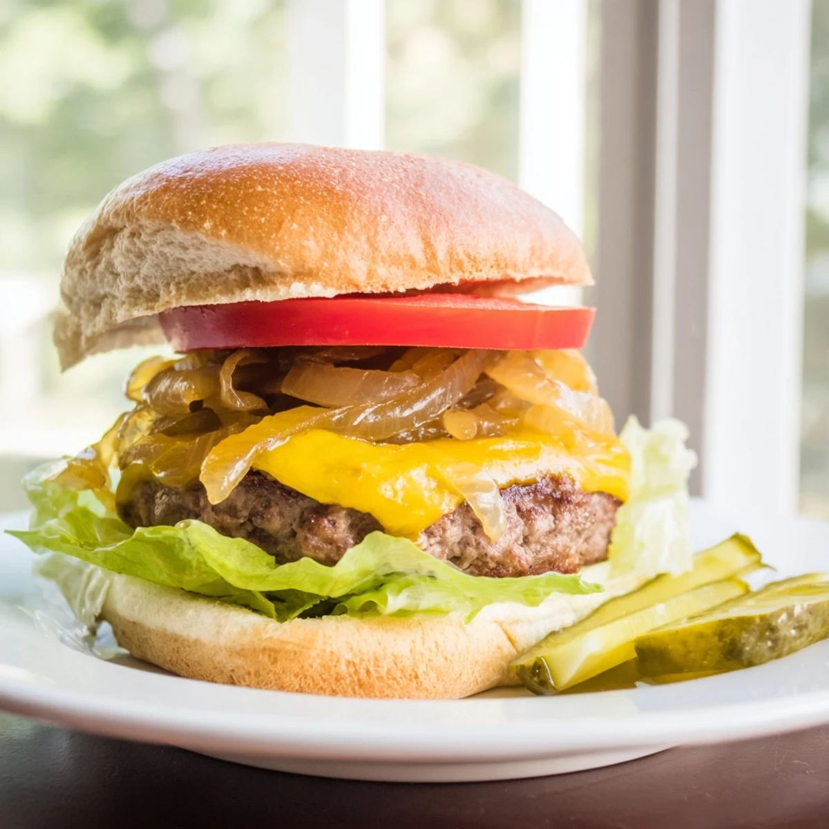 Sizzling homemade beef burgers featuring juicy patties and sweet caramelized onions, served with pickles and tomato.