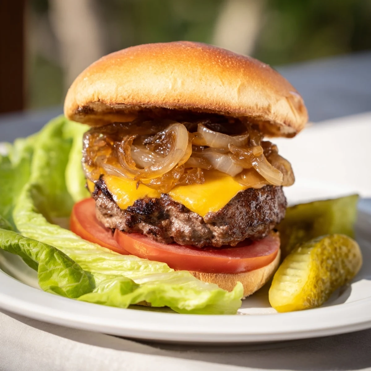 A classic beef burger on a toasted bun, generously topped with sweet, golden caramelized onions and crisp lettuce.