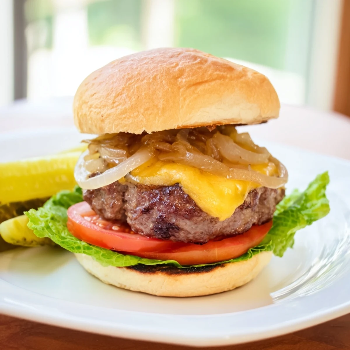 Classic beef burgers with caramelized onions, paired with melted cheddar, dill pickles, and ketchup on a soft bun.