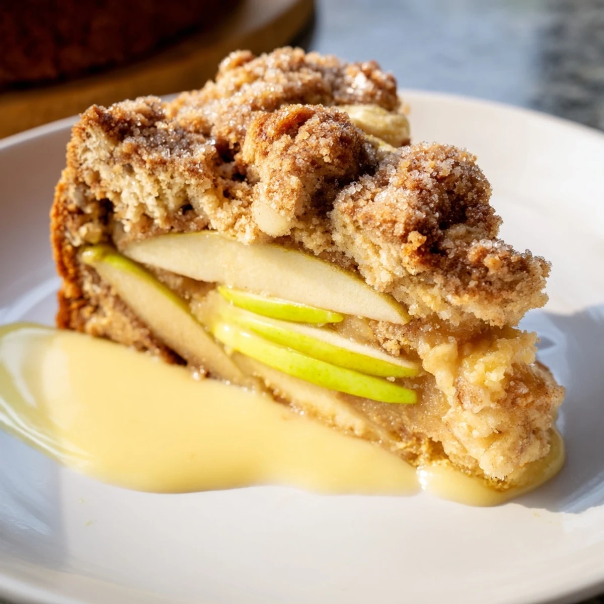 Freshly baked Irish Apple Cake with Warm Vanilla Custard, featuring golden, spiced apple slices and a sugary crust.